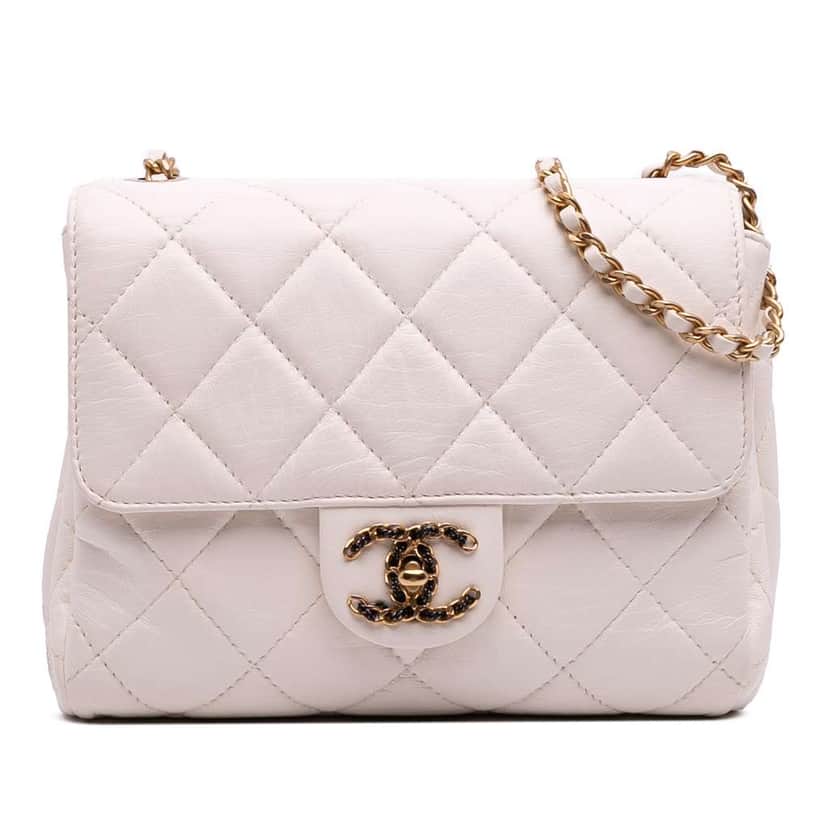 Chanel CC Quilted Aged Calfskin Accordion Flap White Leather Good condition - Front View