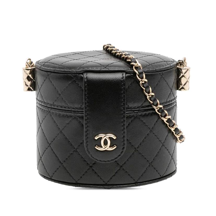 Chanel Mini Quilted Lambskin Round Vanity Case with Chain Black Leather Good condition - Front View