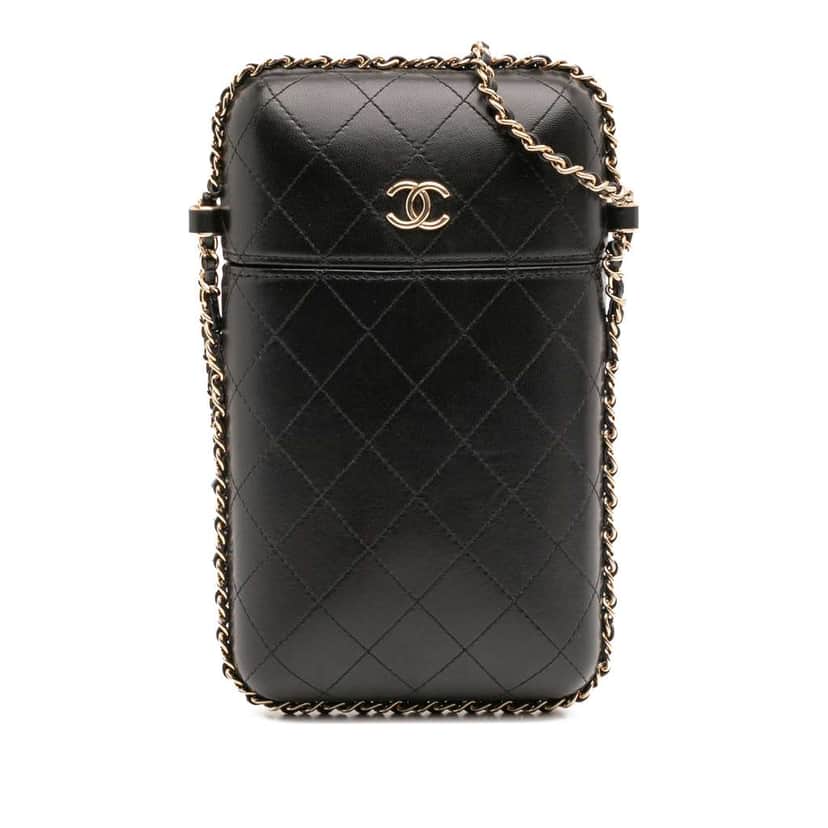 Chanel CC Quilted Lambskin Chain Around Phone Holder Black Leather Good condition - Front View