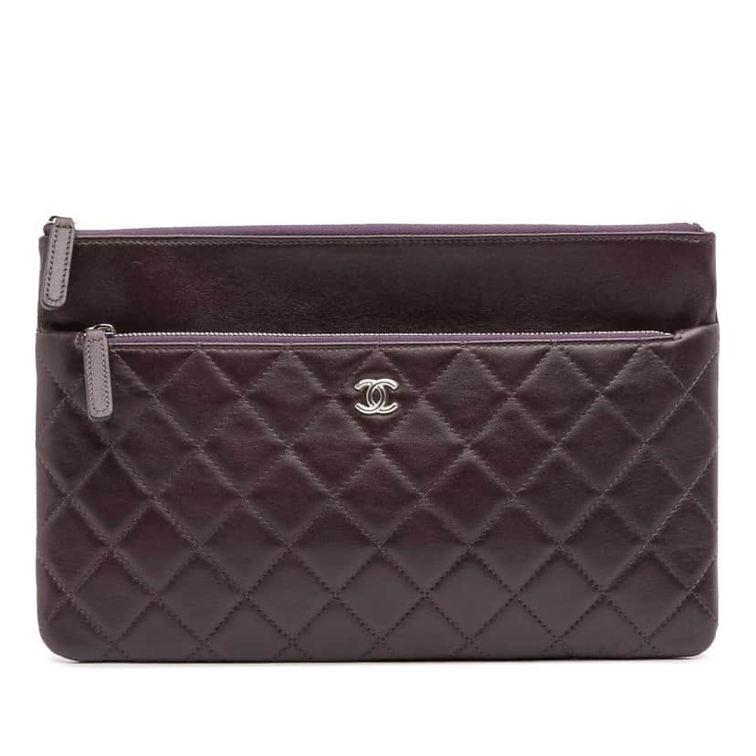 Chanel CC Quilted Lambskin Double Zip Clutch Purple Leather Good condition - Front View