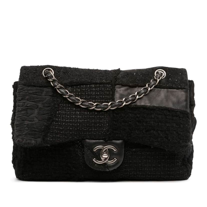 Chanel Jumbo Patchwork Tweed Flap Black Tweed Good condition - Front View