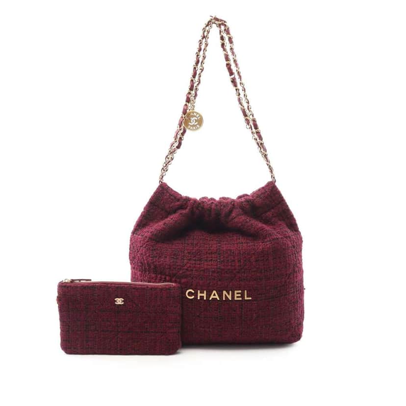 Chanel Small Tweed 22 Handbag Red Tweed Good condition - Front View