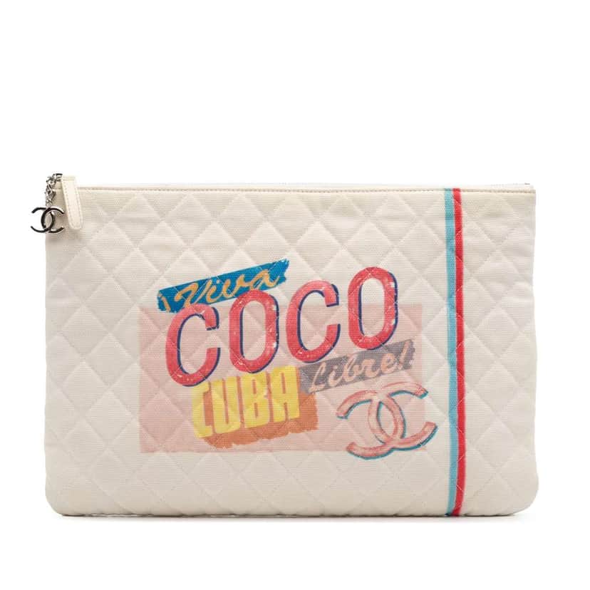 Chanel Large Quilted Printed Canvas Coco Cuba Libre O Case Clutch White Canvas Good condition - Front View