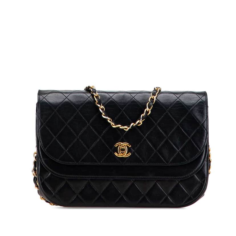 Chanel Quilted Lambskin Half Moon Double Flap Black Leather Good condition - Front View