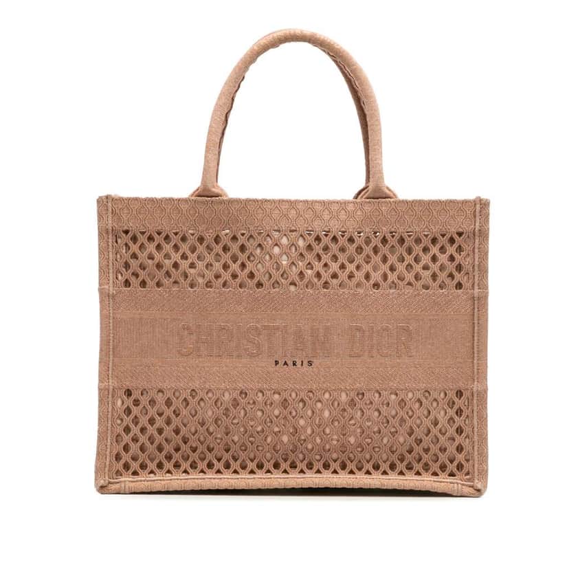 Dior Medium Embroidered Mesh Book Tote Brown Polyester Good condition - Front View