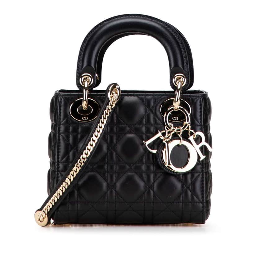 Dior Mini Lambskin Cannage Lady Dior Black Leather Good condition - Front View