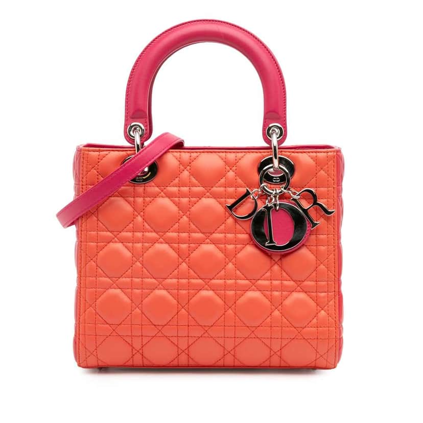 Dior Medium Bicolor Lambskin Cannage Lady Dior Orange Leather Good condition - Front View