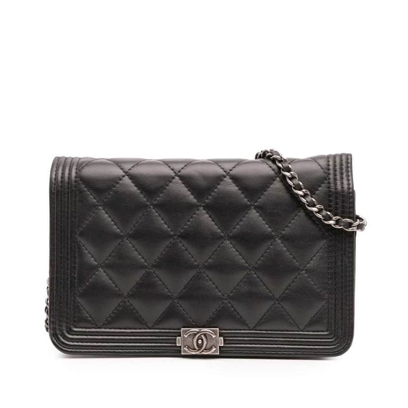 Chanel Quilted Lambskin Boy Wallet On Chain Black Leather Good condition - Front View