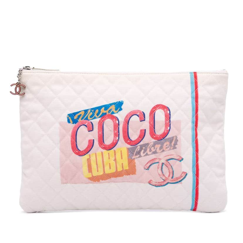 Chanel Large Quilted Printed Canvas Coco Cuba Libre O Case Clutch White Canvas Good condition - Front View