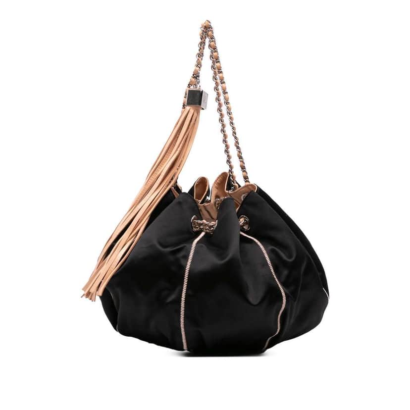 Chanel Lambskin and Satin Reversible Sac Cordon Bucket Bag Black Satin Good condition - Front View
