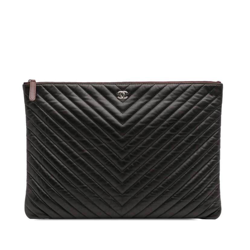 Chanel Large Chevron Caviar Ancient Greek Charms O Case Clutch Black Leather Good condition - Front View