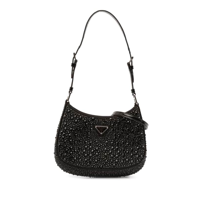 Prada Crystal Embellished Satin Cleo Shoulder Bag Black Satin Good condition - Front View