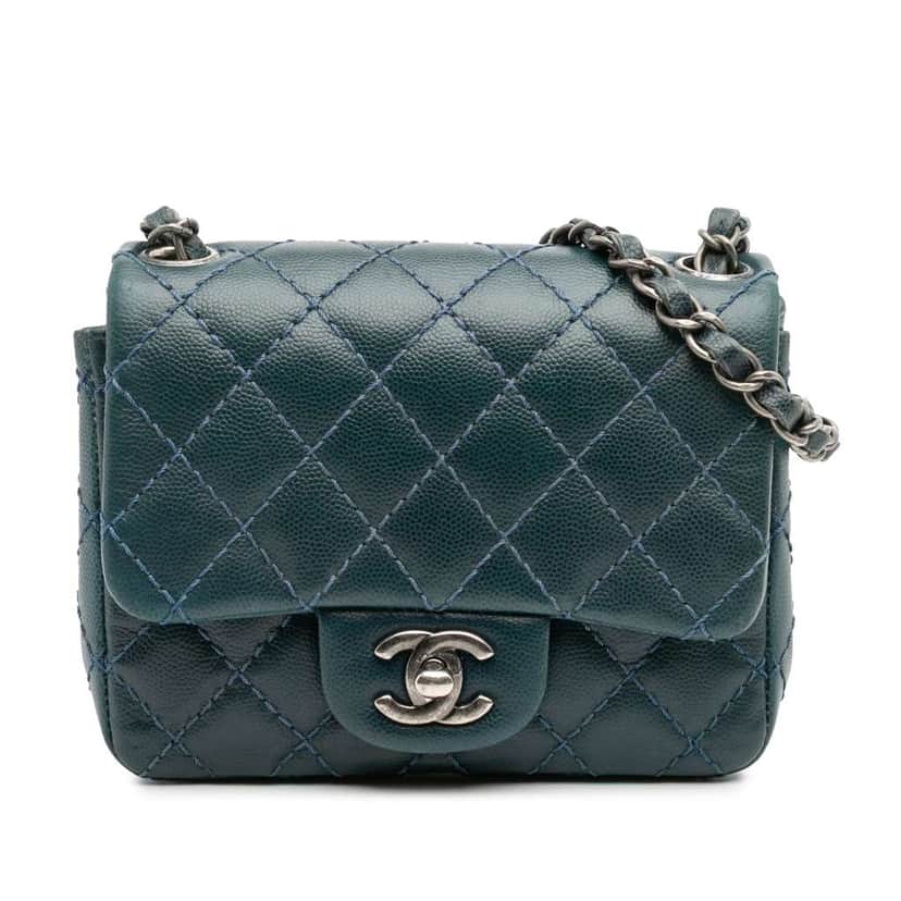 Chanel Mini Square Classic Caviar Single Flap Blue Leather Good condition - Front View