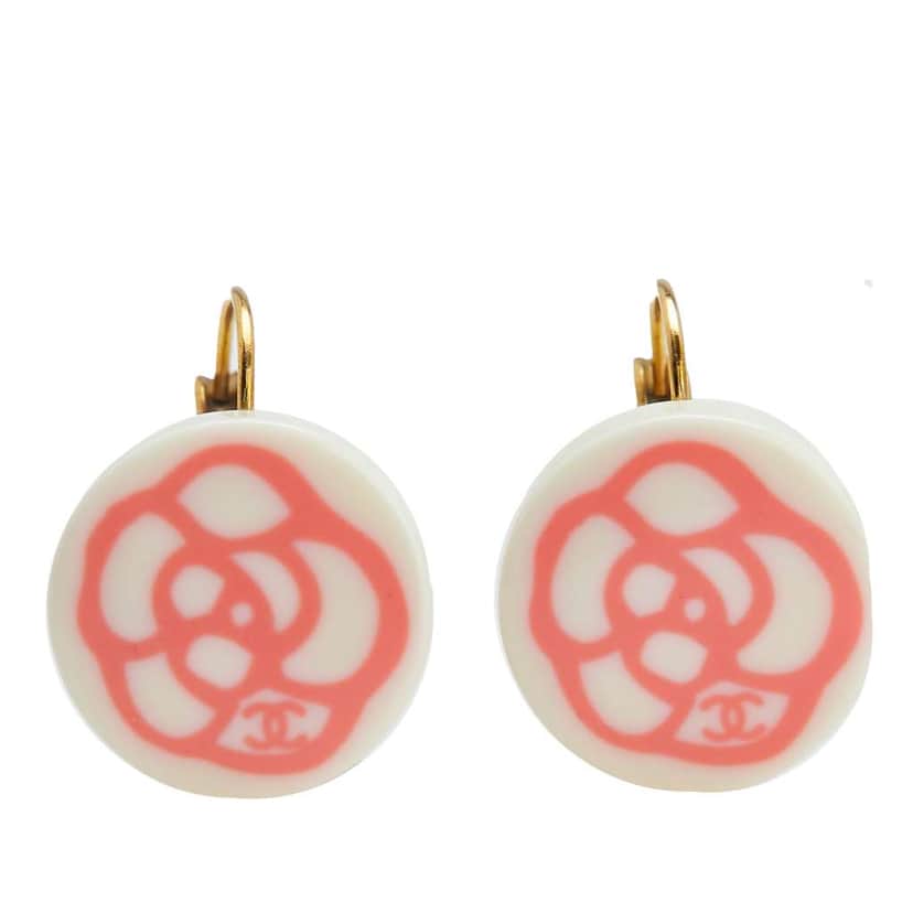Chanel Resin Camellia Clip-On Drop Earrings White Good condition - Front View