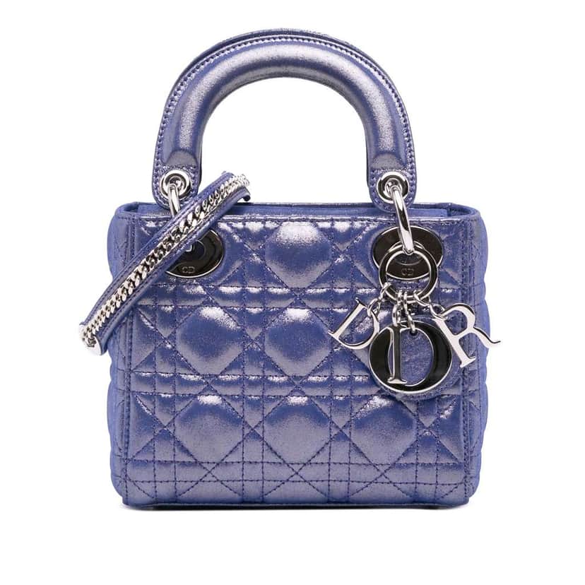 Dior Mini Iridescent Lambskin Cannage Lady Dior Blue Leather Good condition - Front View