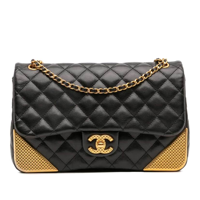 Chanel Quilted Calfskin Rock The Corner Flap Black Leather Good condition - Front View