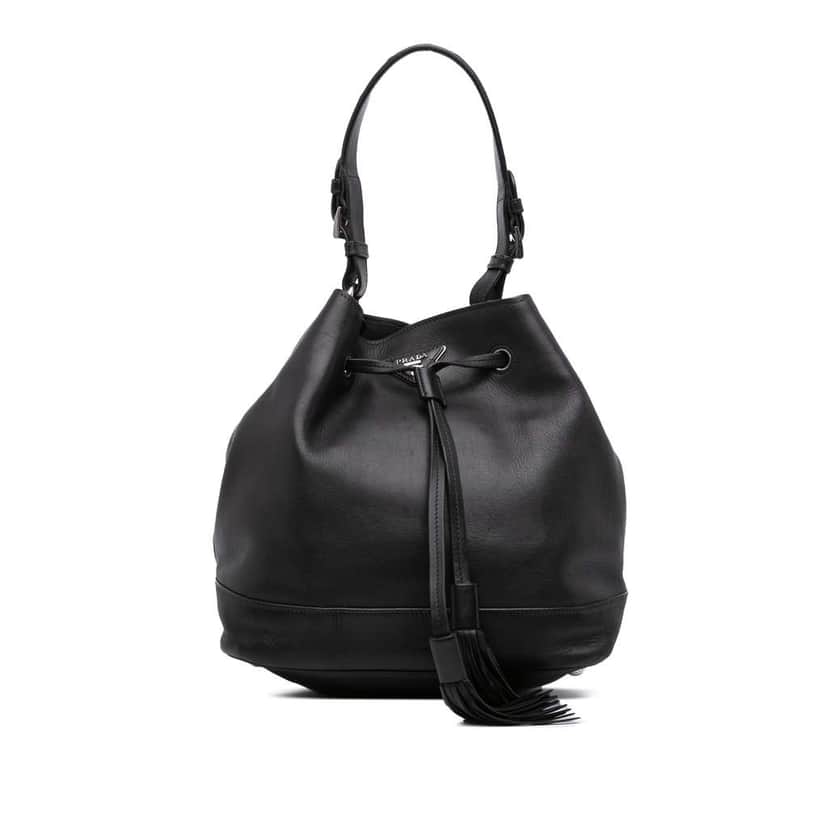 Prada City Calf Drawstring Bucket Bag Black Leather Good condition - Front View