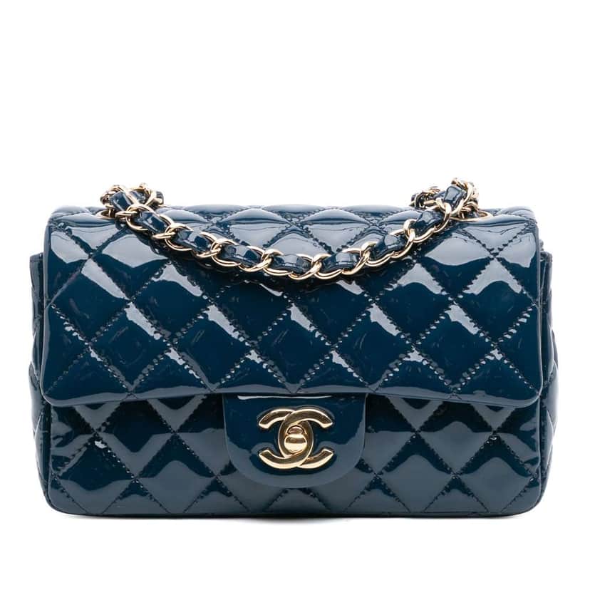Chanel Mini Rectangular Classic Patent Single Flap Blue Leather Good condition - Front View
