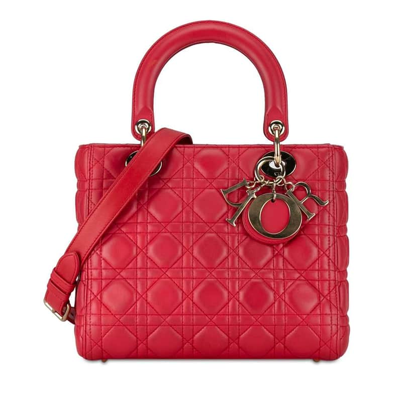 Dior Medium Lambskin Cannage Lady Dior Red Leather Good condition - Front View