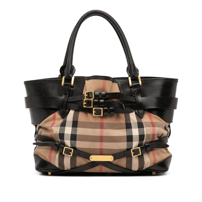 Burberry Medium House Check Canvas and Leather Bridle Lynher Tote Brown Canvas Good condition - Front View