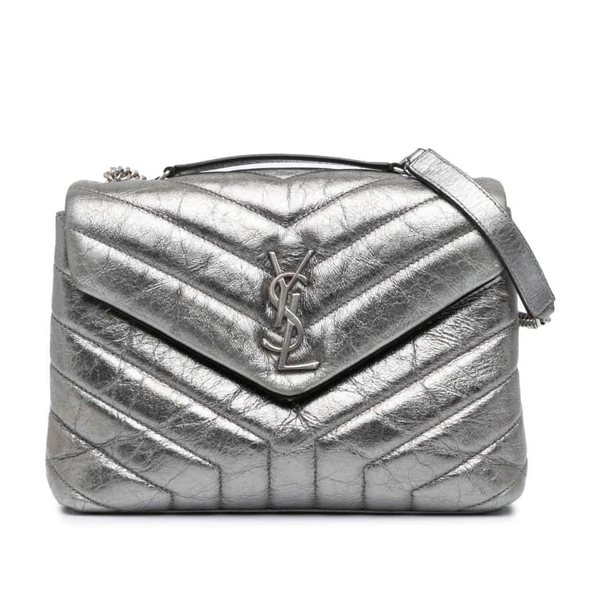 Saint Laurent Small Metallic Calfskin Monogram Loulou Chain Shoulder Bag Silver Leather Good condition - Front View