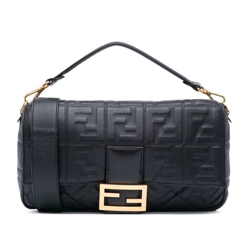 Fendi Large Zucca Embossed Leather Baguette Satchel Black Leather Good condition - Front View