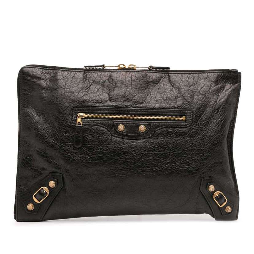 Balenciaga Lambskin Motocross Giant 12 Zip Around Flat Clutch Black Leather Good condition - Front View