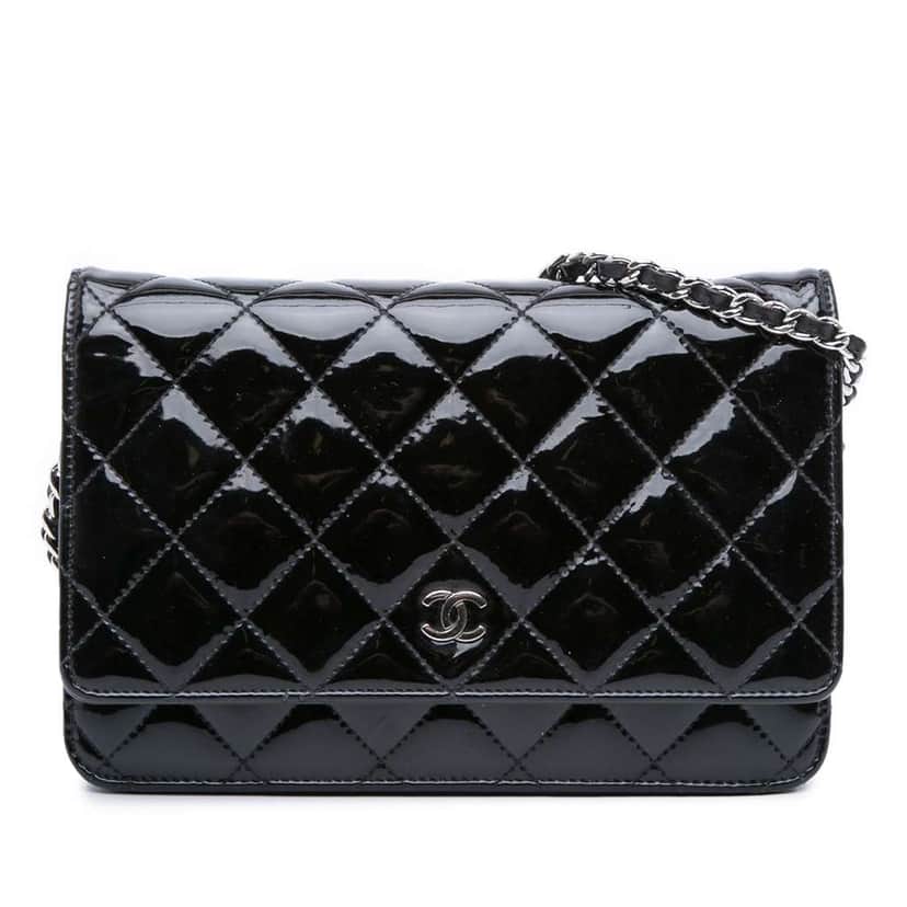 Chanel CC Quilted Patent Wallet On Chain Black Leather Good condition - Front View