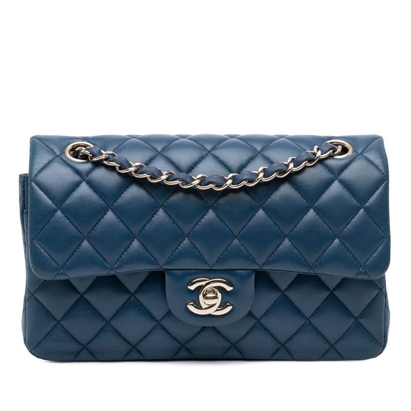Chanel Small Classic Lambskin Double Flap Blue Leather Good condition - Front View