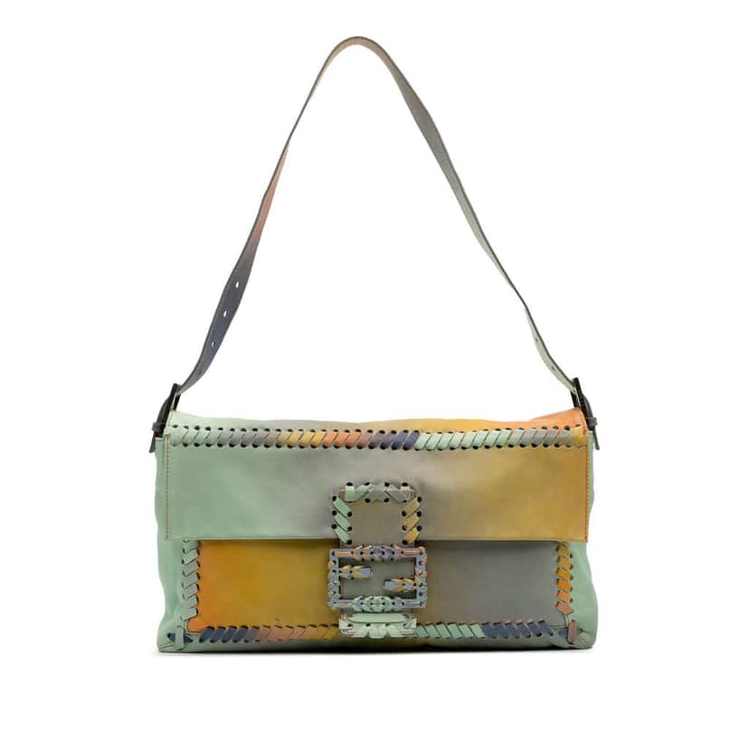 Fendi Large Multicolor Leather Whipstitch Baguette Crossbody Green Leather Good condition - Front View