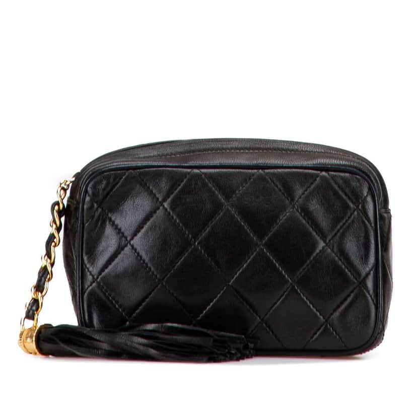 Chanel Quilted Lambskin Tassel Pouch Black Leather Good condition - Front View