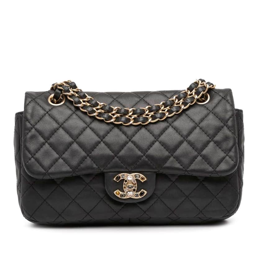 Chanel Medium Quilted Lambskin Precious Jewel Single Flap Black Leather Good condition - Front View