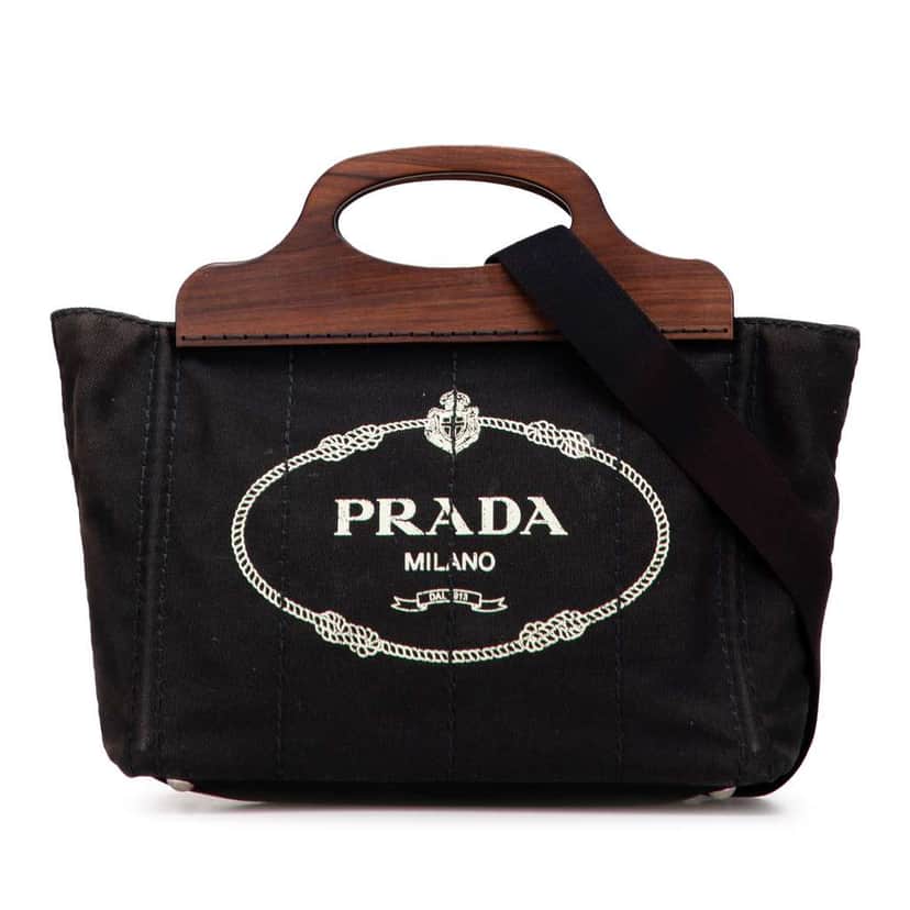 Prada Canvas Wood Handle Canapa Logo Satchel Black Canvas Good condition - Front View