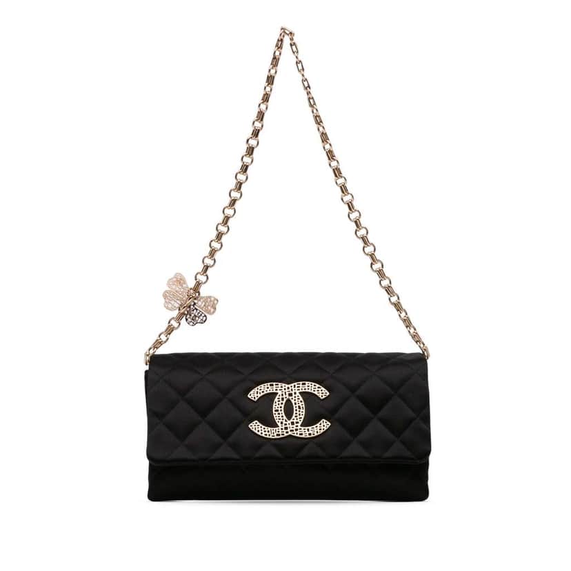 Chanel CC Quilted Satin Butterfly Chain Clutch Black Satin Good condition - Front View