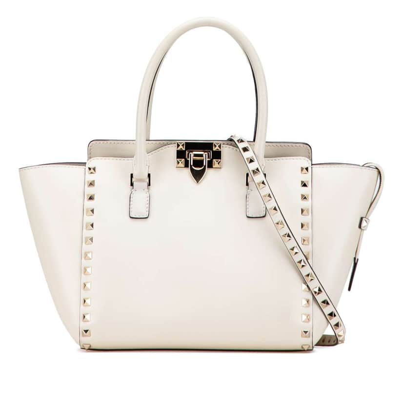 Valentino Mini Leather Rockstud Double Handle Tote White Leather Good condition - Front View