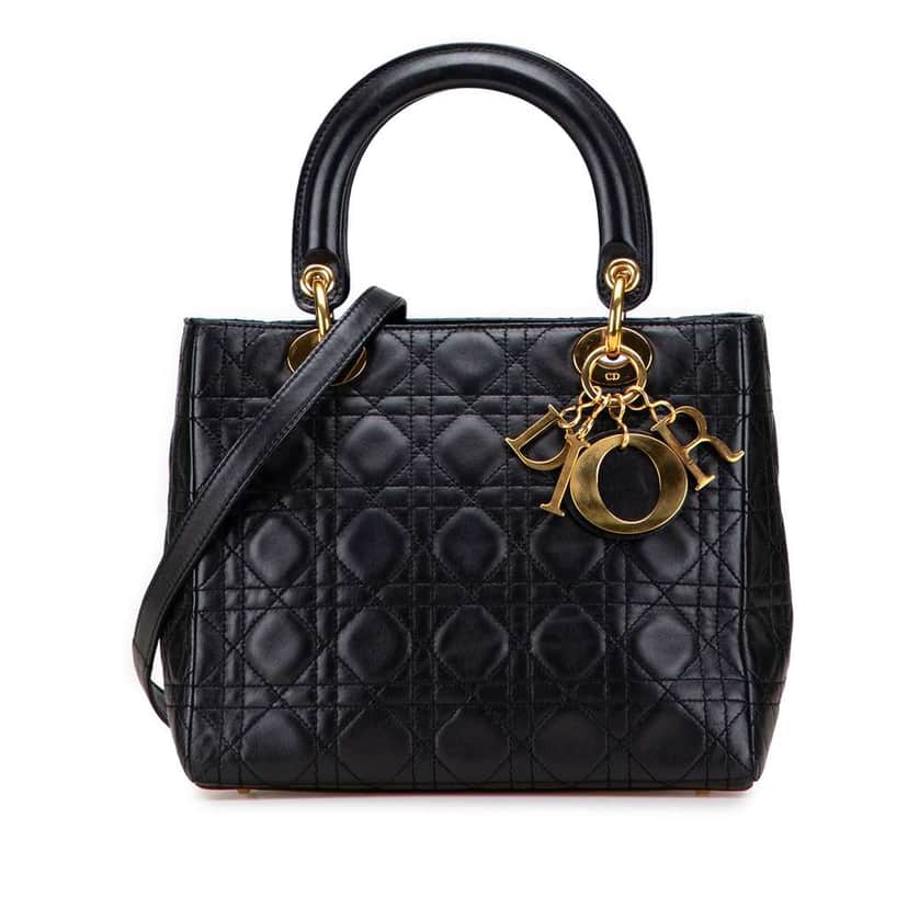 Dior Medium Lambskin Cannage Lady Dior Black Leather Good condition - Front View