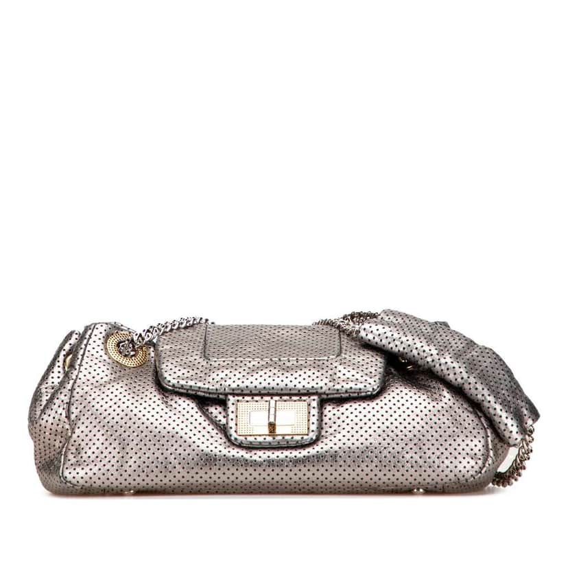 Chanel Metallic Perforated Calfskin Drill Accordion Flap Silver Leather Good condition - Front View