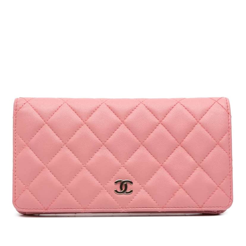 Chanel CC Quilted Lambskin Bifold Long Wallet Pink Leather Fair condition - Front View