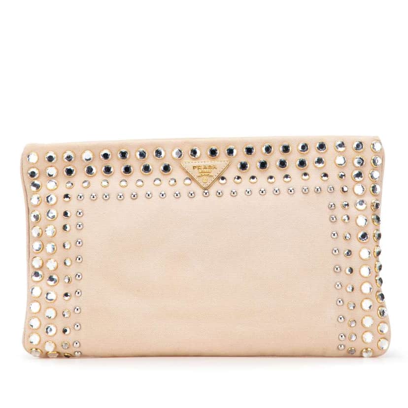 Prada Canvas Canapa Studded Vernice Clutch Brown Canvas Good condition - Front View