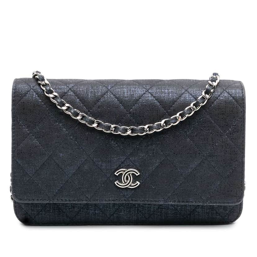 Chanel CC Quilted Metallic Fabric Wallet On Chain Blue Polyester Good condition - Front View