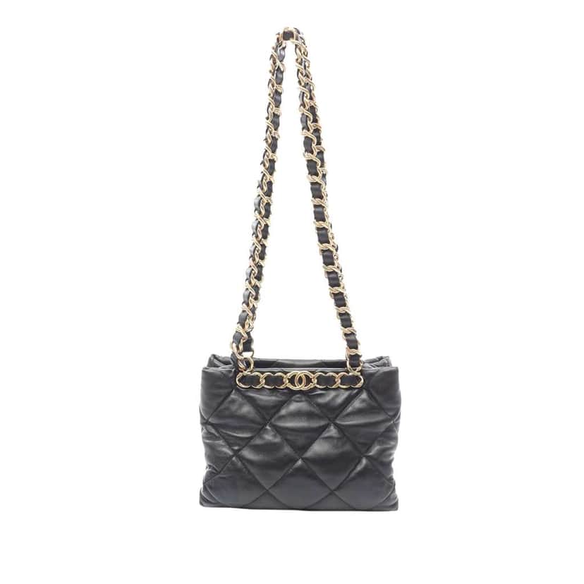 Chanel CC Quilted Lambskin Chain Shopping Bag Black Leather Good condition - Front View
