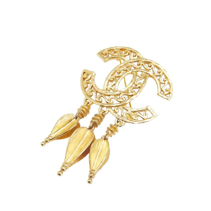 Chanel CC Gold Plated Fretwork Fringe Brooch Gold Metal Good condition - Front View