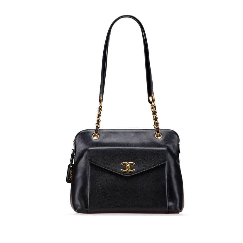 Chanel Caviar Front Pocket Chain Tote Black Leather Good condition - Front View