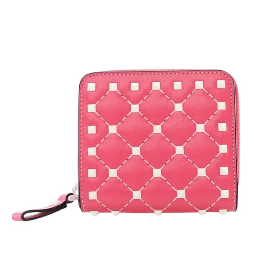 Valentino Lambskin Free Rockstud Spike Compact Zip Around Wallet Pink Leather Good condition - Front View