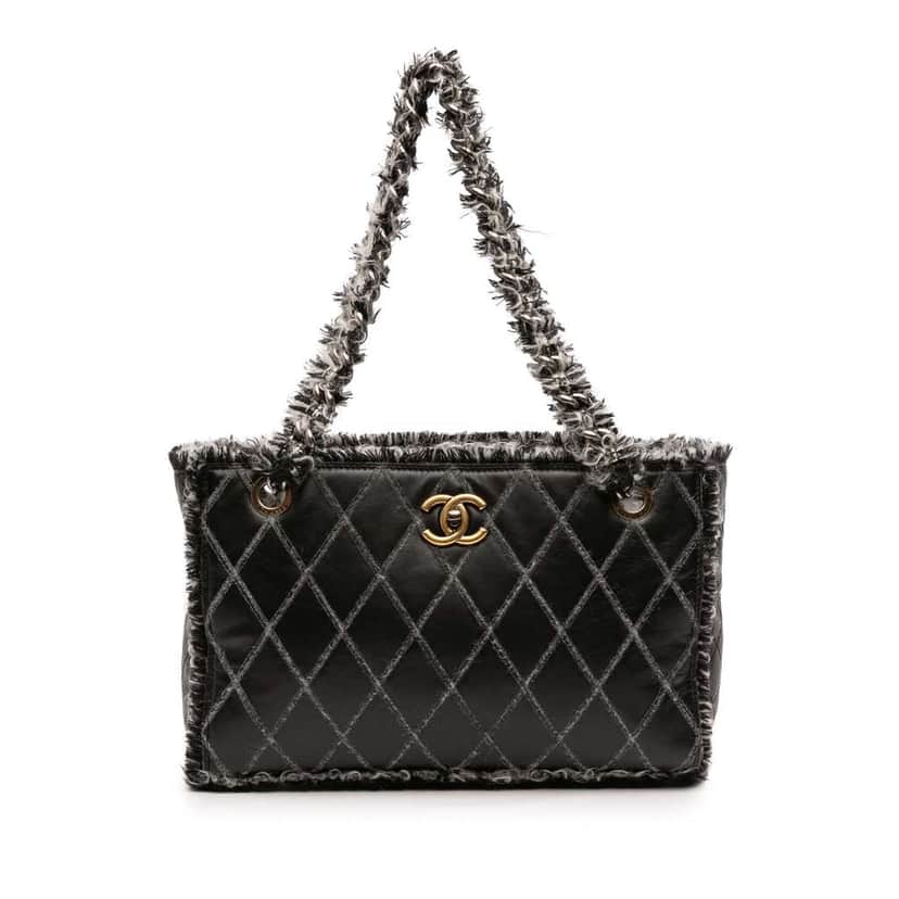 Chanel CC Quilted Calfskin Tweedy Shopping Tote Black Leather Good condition - Front View