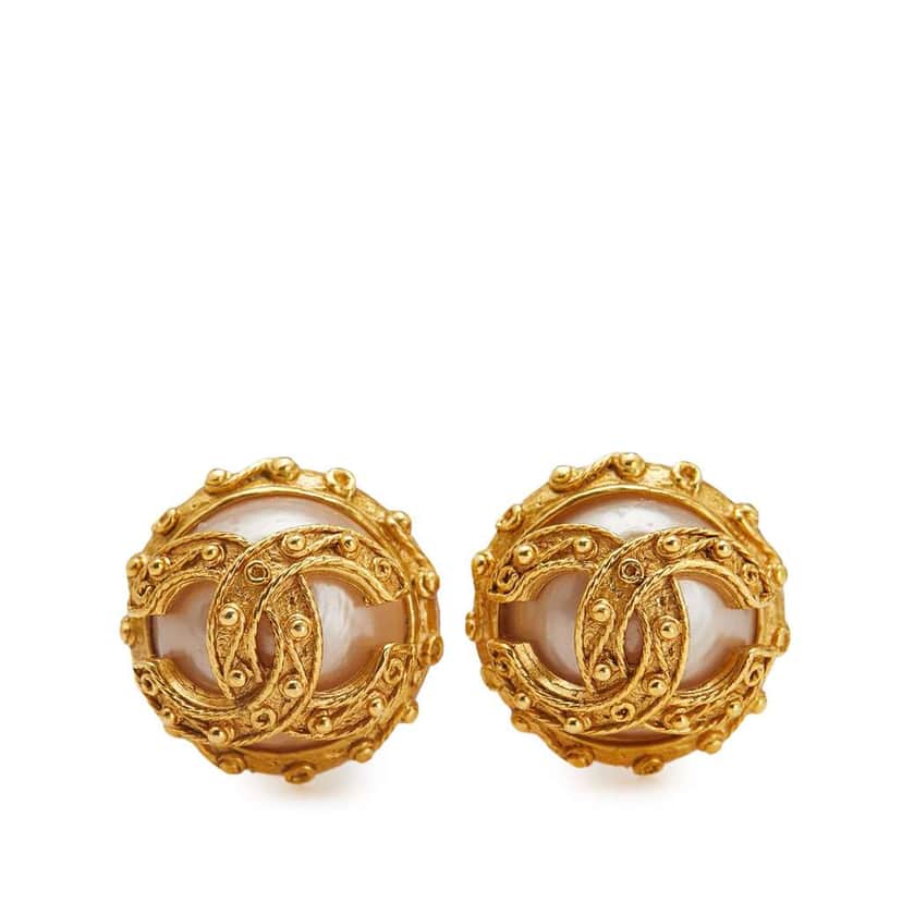 Chanel Gold Plated Studded CC Pearl Clip On Earrings Gold Metal Good condition - Front View