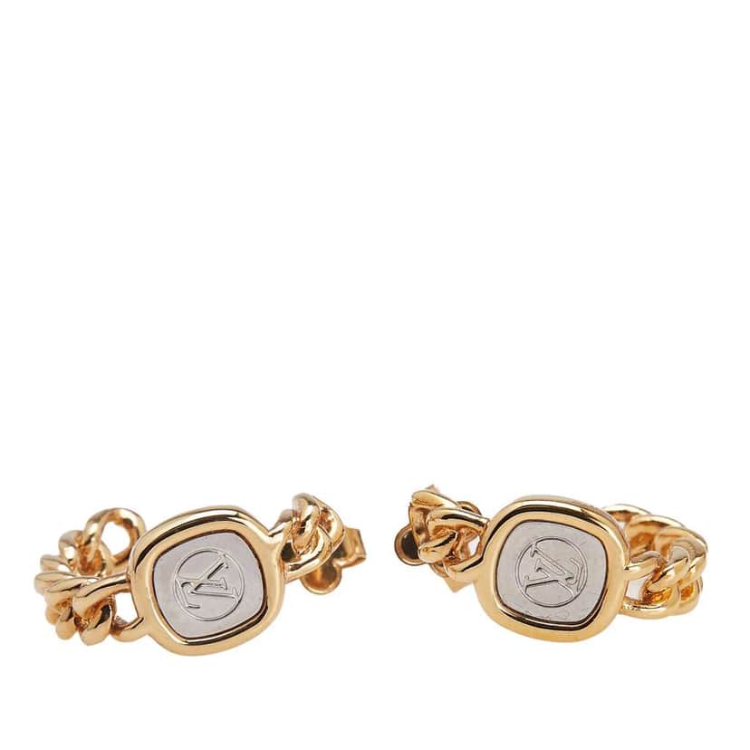 Louis Vuitton Gold Plated LV ID Chain Hoop Push Back Earrings Gold Metal Good condition - Front View