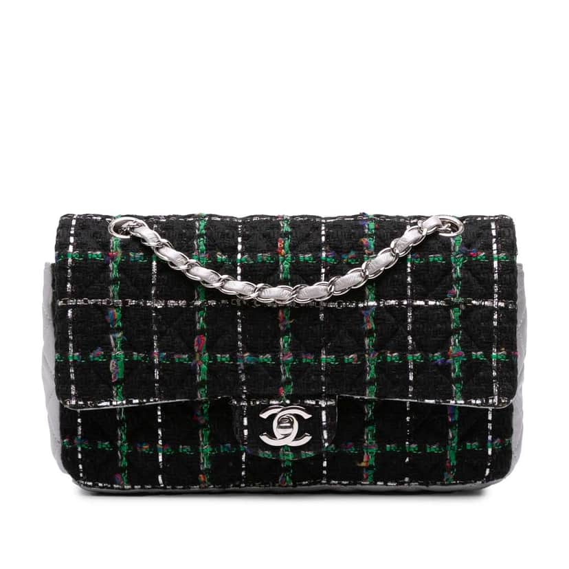 Chanel Medium Classic Quilted Tweed and Metallic Lambskin Double Flap Black Tweed Good condition - Front View