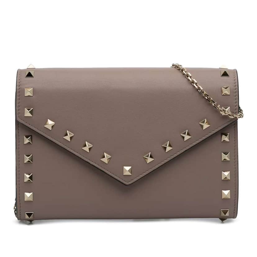 Valentino Calfskin Rockstud Envelope Wallet on Chain Brown Leather Good condition - Front View