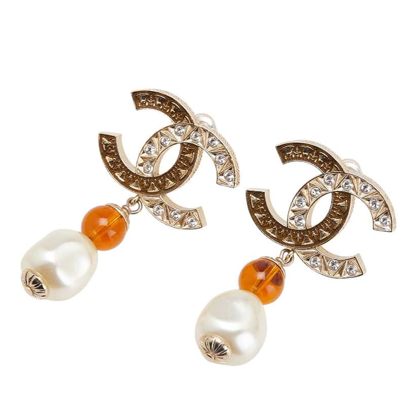 Chanel Gold Plated CC Rhinestones Pearl Drop Push Back Earrings Gold Metal Good condition - Front View